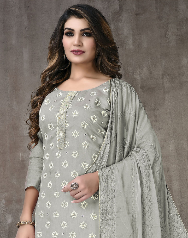 Gray Modal Chanderi salwar Suit with Fancy Embroidery | Santoon Bottom & Dupatta