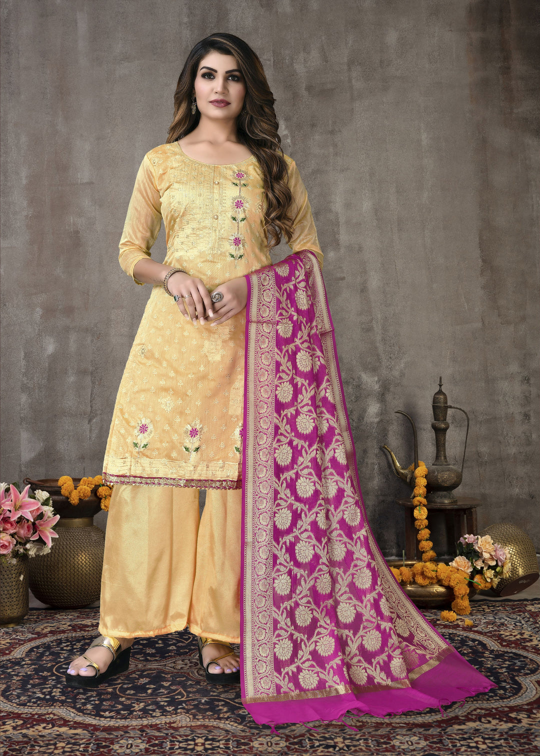 Designer Light Orange Modal Chanderi salwar Suit | Fancy Embroidery & Santoon Bottom