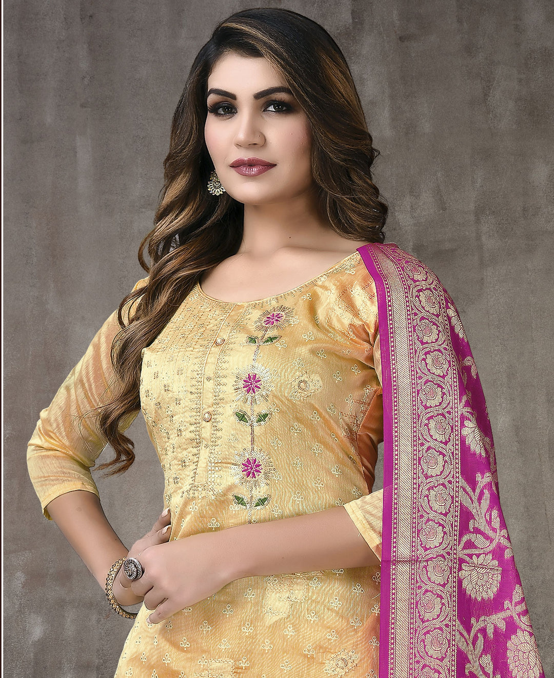 Designer Light Orange Modal Chanderi salwar Suit | Fancy Embroidery & Santoon Bottom