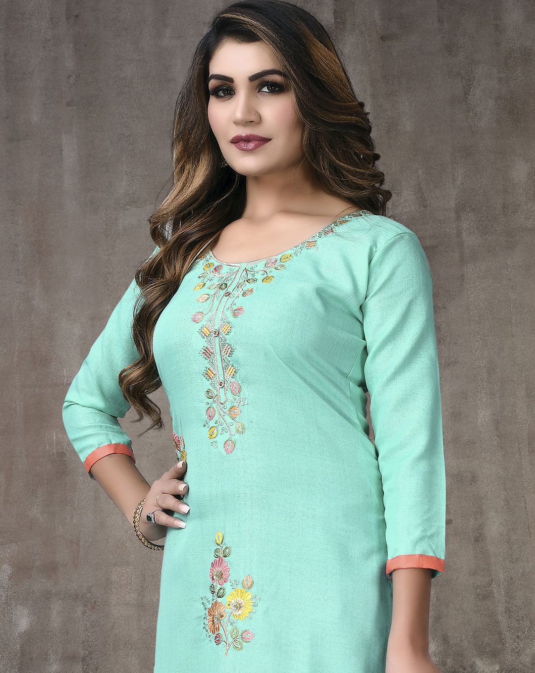 Sea Green Cotton salwar Suit with Fancy Embroidery | Cotton Bottom & Fancy Dupatta