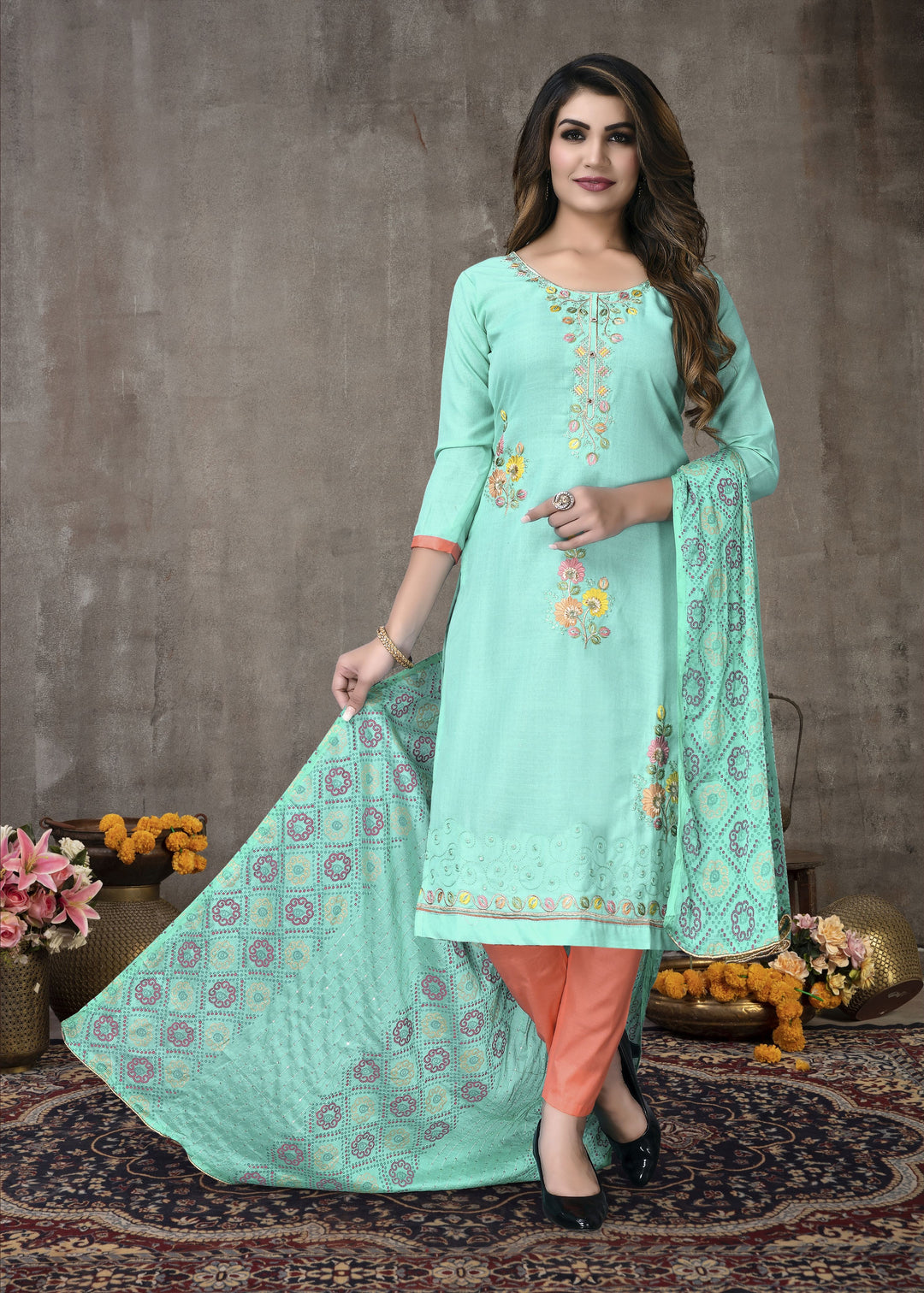 Sea Green Cotton salwar Suit with Fancy Embroidery | Cotton Bottom & Fancy Dupatta