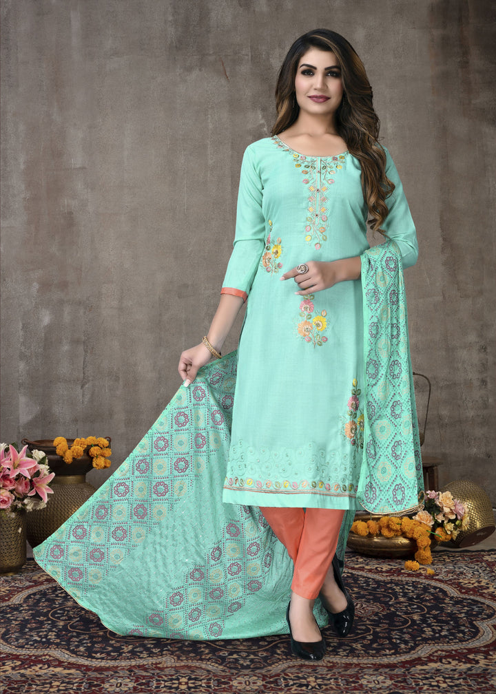 Sea Green Cotton salwar Suit with Fancy Embroidery | Cotton Bottom & Fancy Dupatta