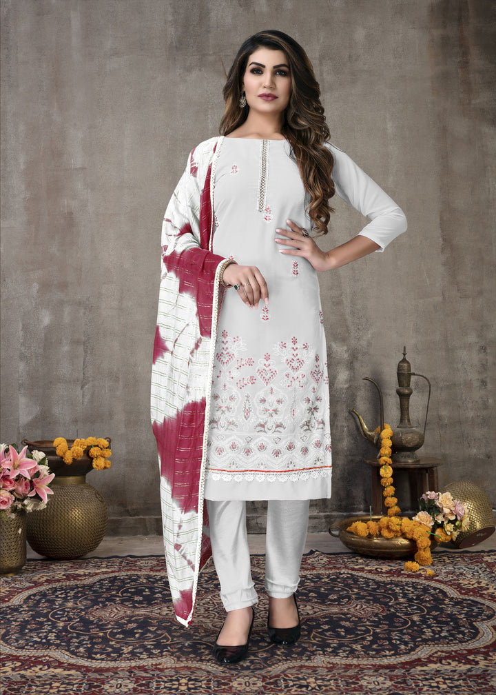 White Georgette salwar Suit with Fancy Embroidery | Cotton Bottom & Fancy Dupatta