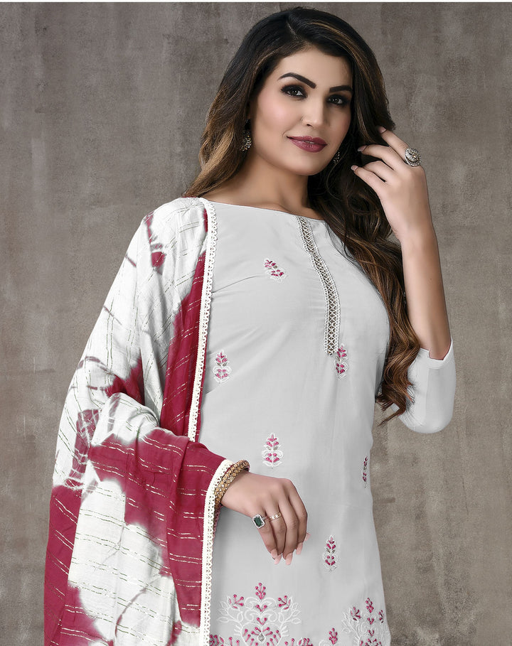 White Georgette salwar Suit with Fancy Embroidery | Cotton Bottom & Fancy Dupatta