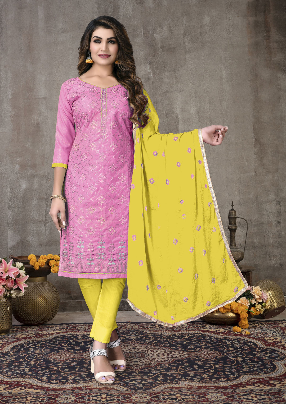 Pink Cotton salwar Suit with Fancy Embroidery | Cotton Bottom & Fancy Dupatta