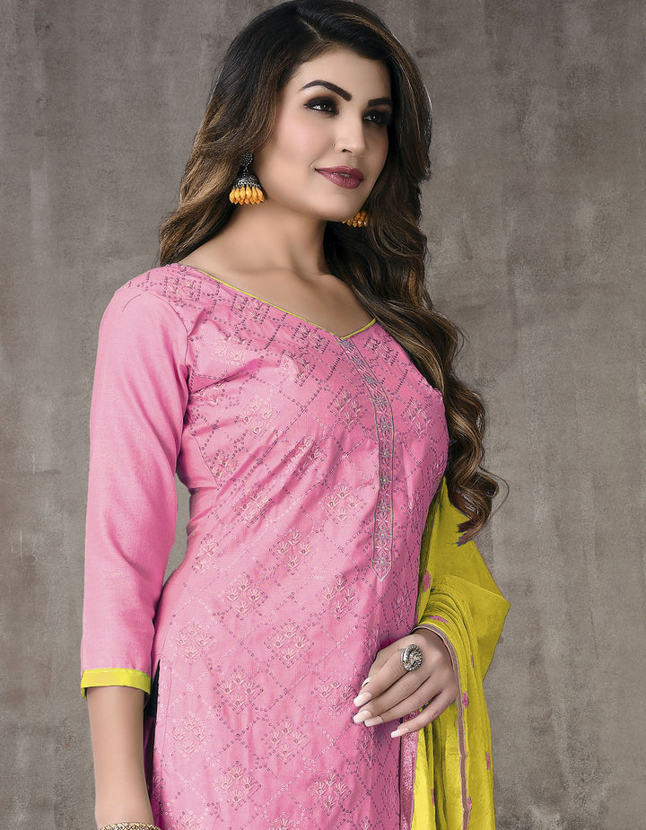 Pink Cotton salwar Suit with Fancy Embroidery | Cotton Bottom & Fancy Dupatta