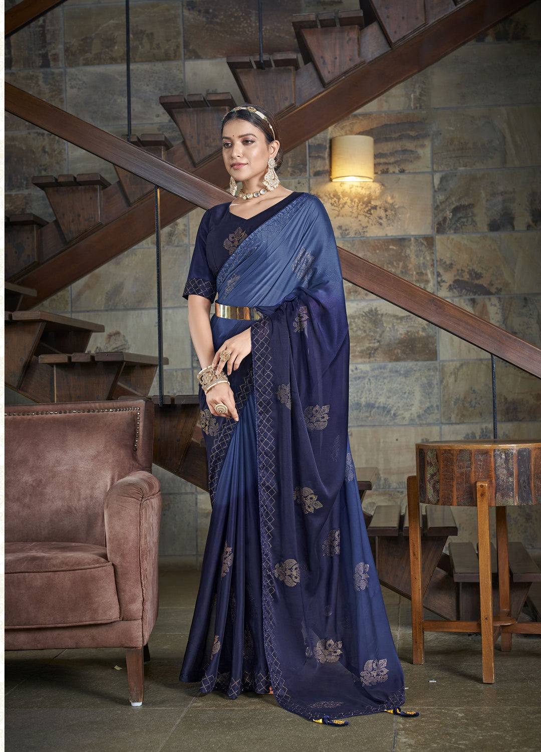 Dark Blue Rangoli-Silk Saree | Swarovski & Diamond Embellishments for Special Events