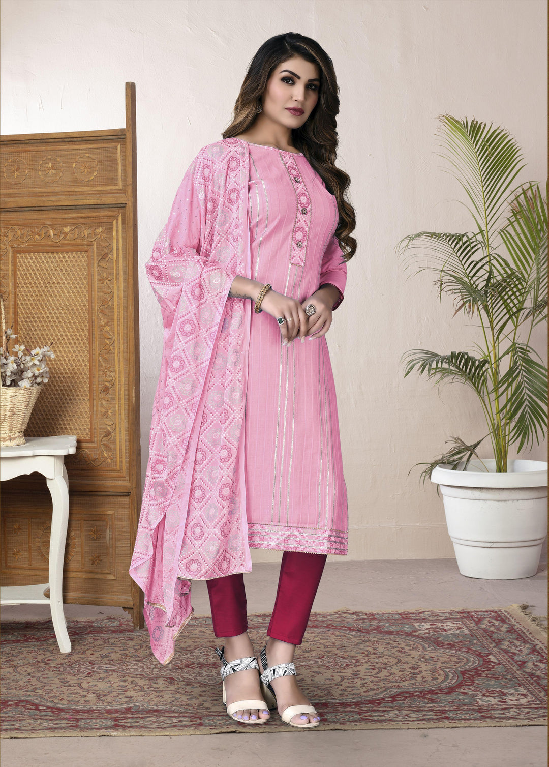 Pink Cotton salwar Suit Set with Embroidery | Cotton Bottom & Naznin Dupatta