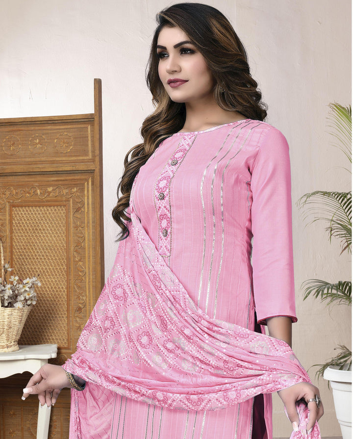 Pink Cotton salwar Suit Set with Embroidery | Cotton Bottom & Naznin Dupatta