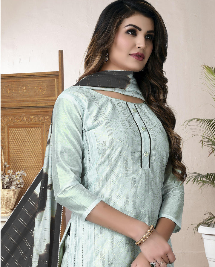 Designer Sky Blue Modal Chanderi Suit | Fancy Embroidery Work & Santoon Bottom