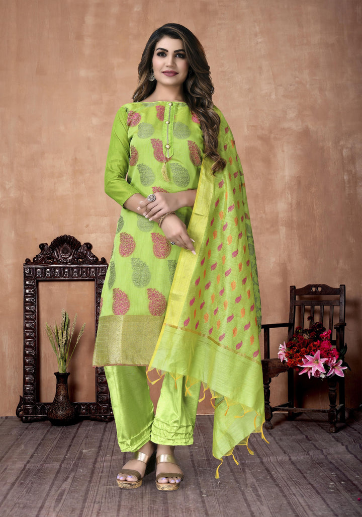 Pista Green Banarasi Silk salwar Suit | Santoon Bottom & Dupatta Set for Casual Wear