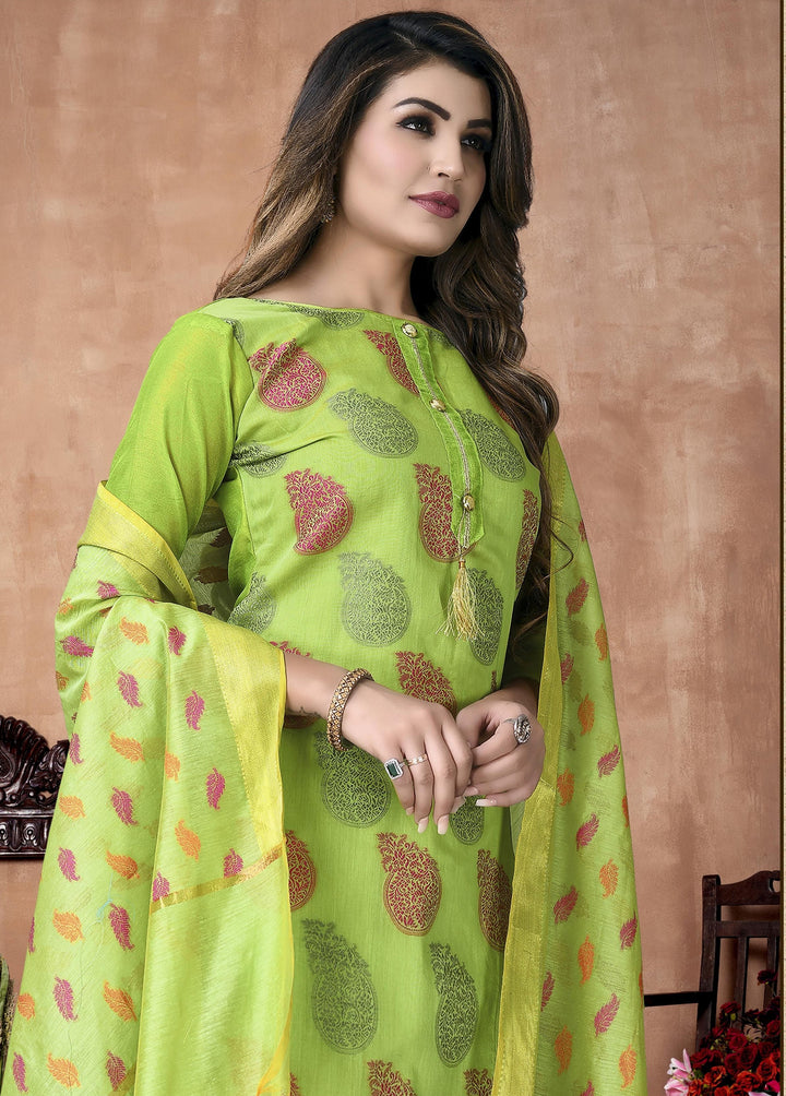 Pista Green Banarasi Silk salwar Suit | Santoon Bottom & Dupatta Set for Casual Wear