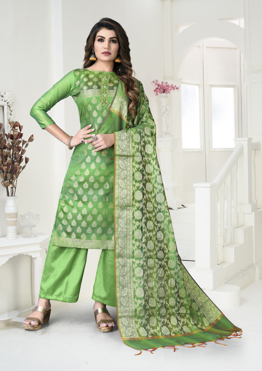 Banarasi Silk Designer salwar Suit | Elegant Santoon & Jacquard Dupatta Set