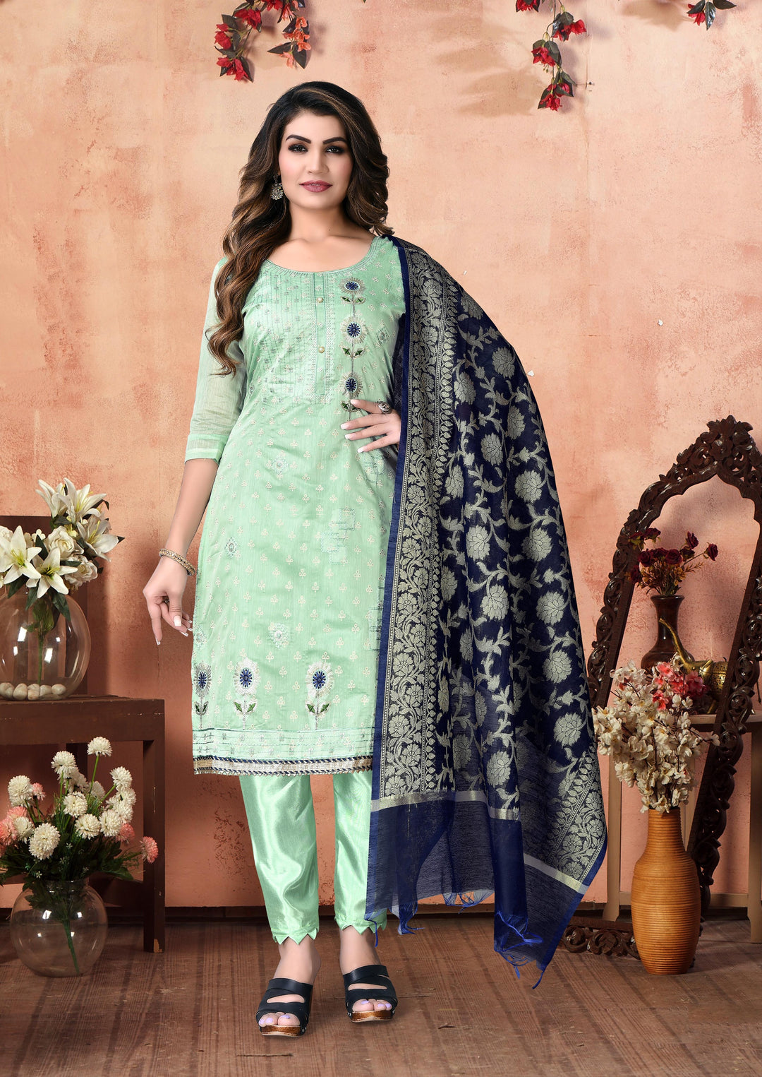 Sea Green Modal Chanderi Suit | Designer Embroidery with Santoon & Silk Dupatta