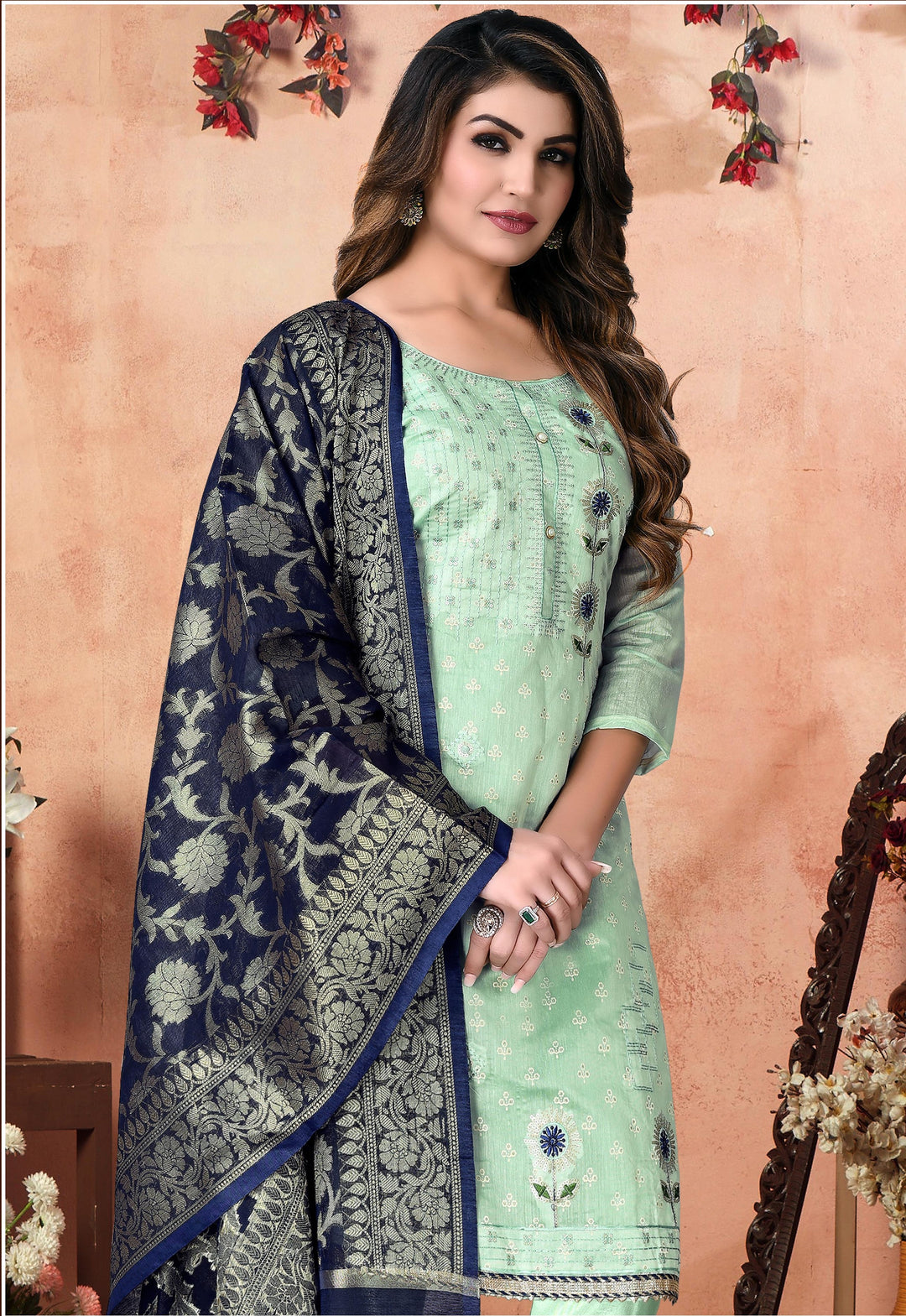 Sea Green Modal Chanderi Suit | Designer Embroidery with Santoon & Silk Dupatta