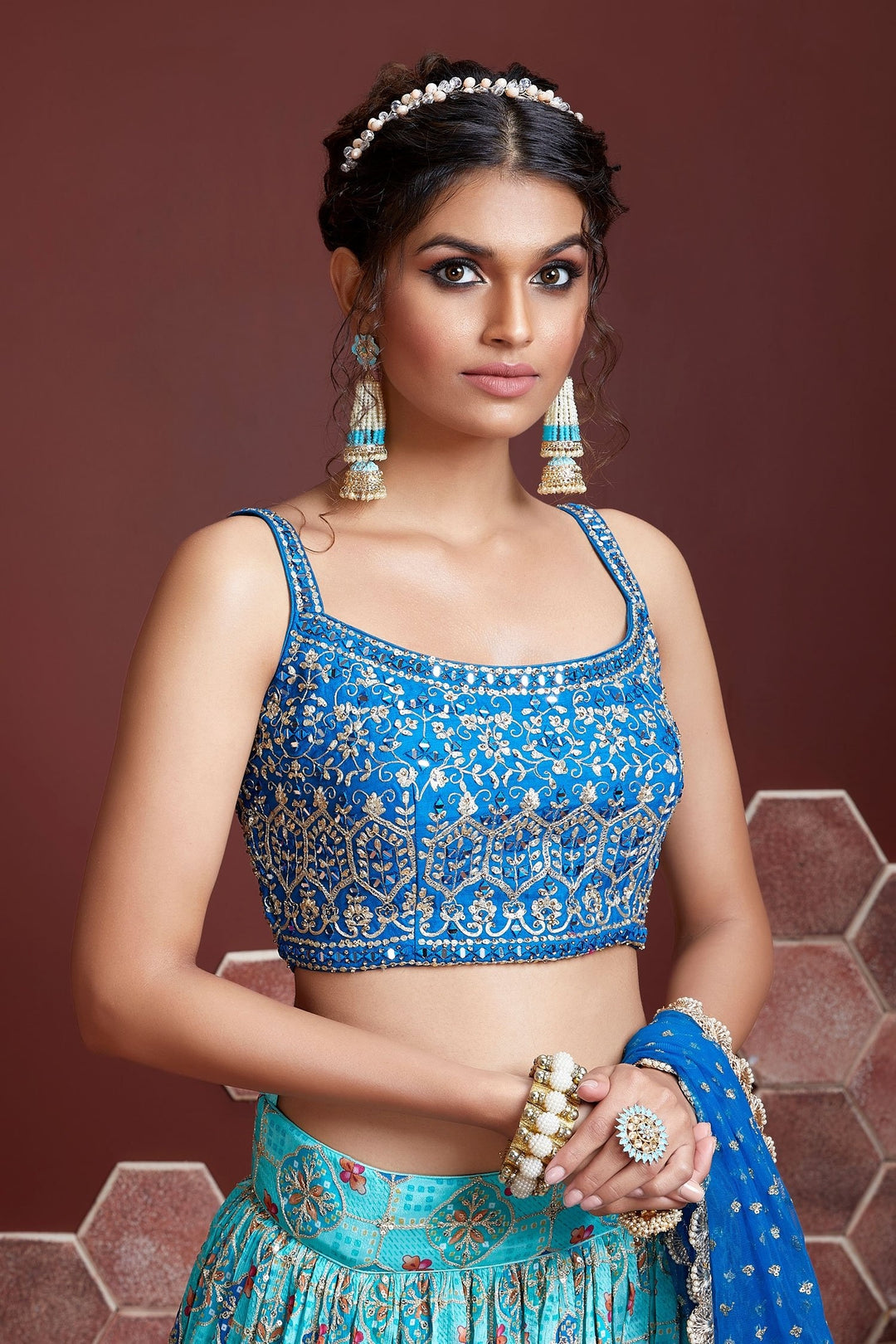 Sky Blue Chinon Silk Lehenga Choli | Real Mirror Embroidery & Digital Print Work