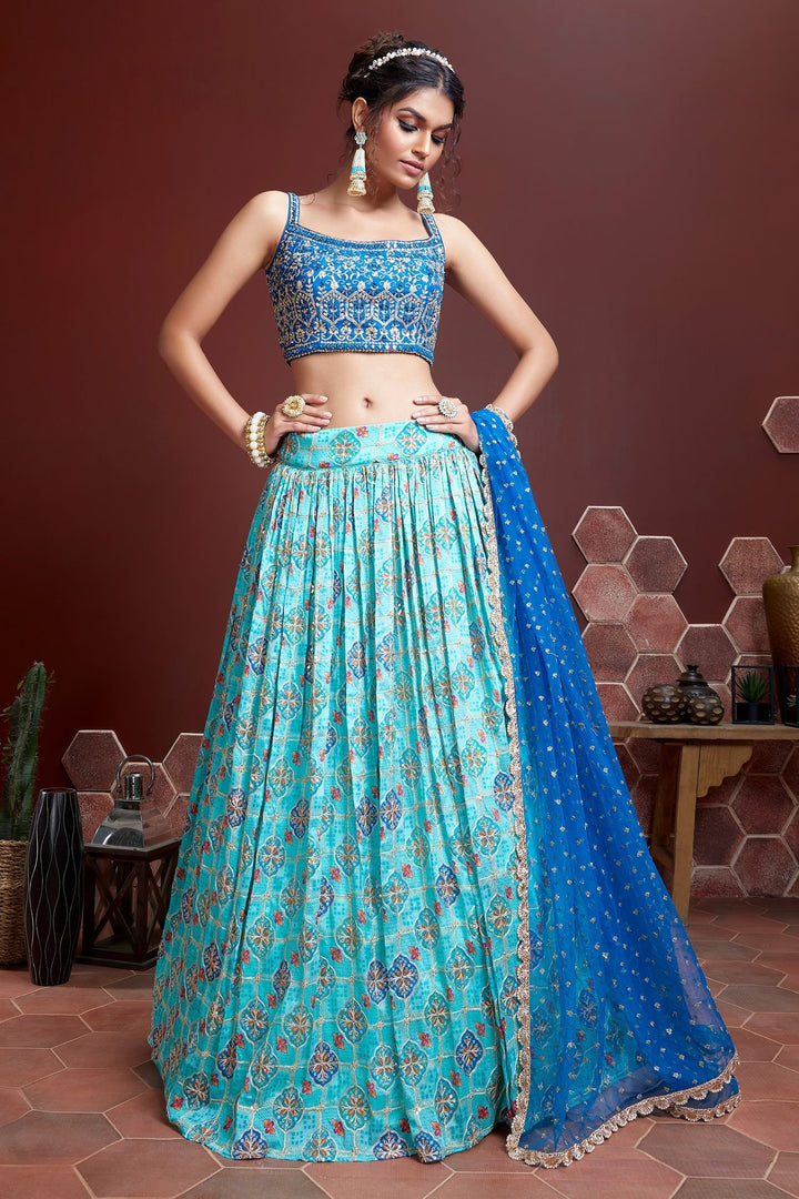 Sky Blue Chinon Silk Lehenga Choli | Real Mirror Embroidery & Digital Print Work