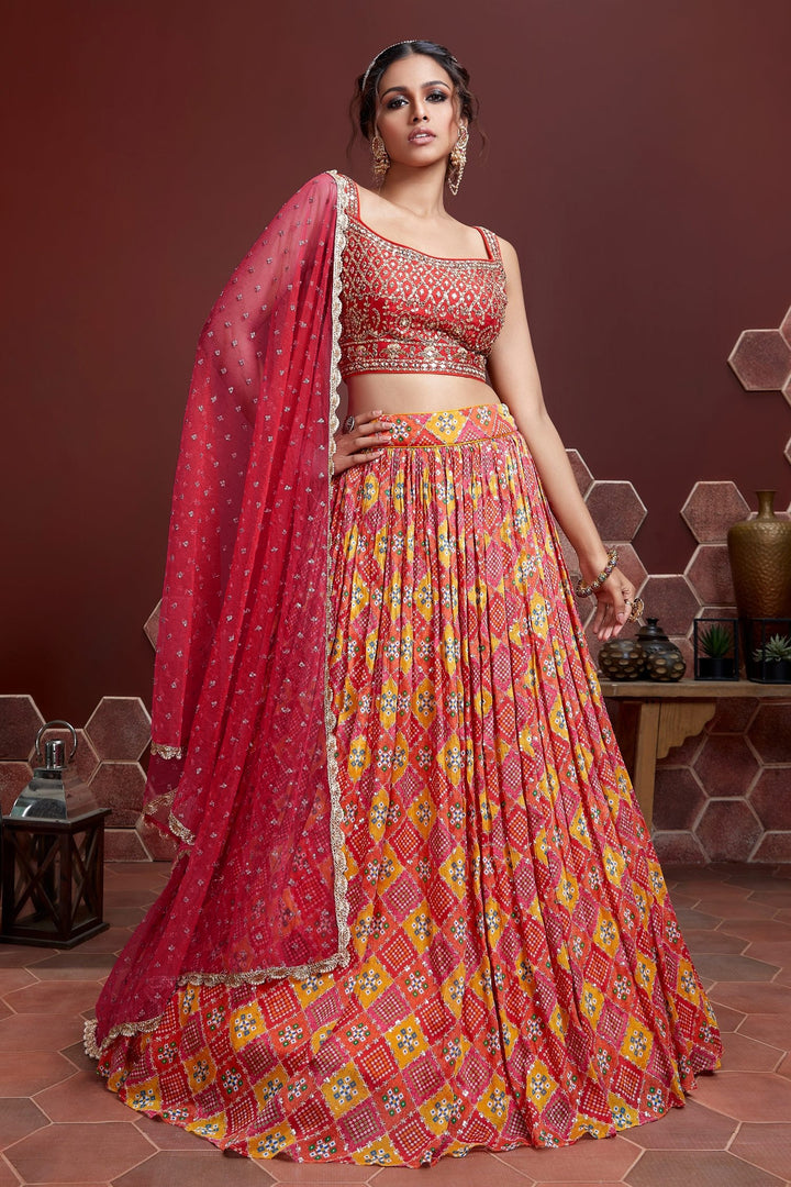 Red Chinon Silk Lehenga Choli | Real Mirror Embroidery & Digital Print Work for festive