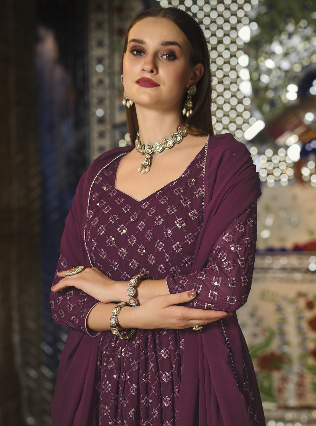 Wine Georgette Suit | Embellished with Designer Heavy Sequin Embroidery