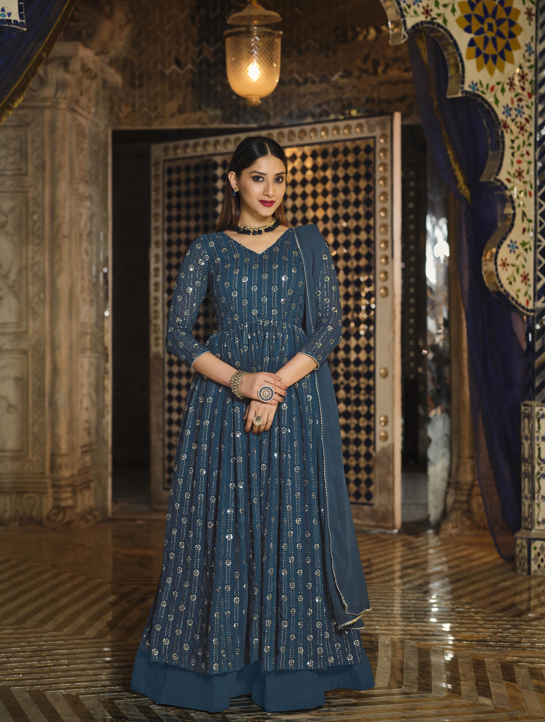 Elegant Teal Blue Georgette Suit | Designer Heavy Sequin Embroidery Work