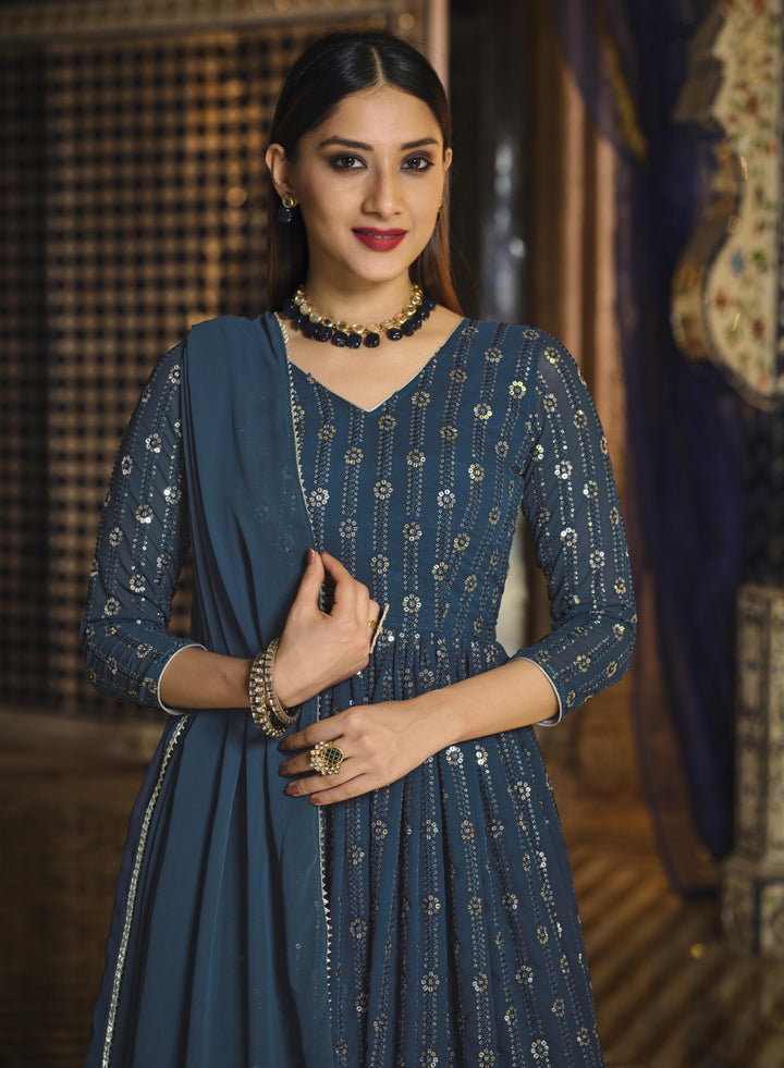 Elegant Teal Blue Georgette Suit | Designer Heavy Sequin Embroidery Work