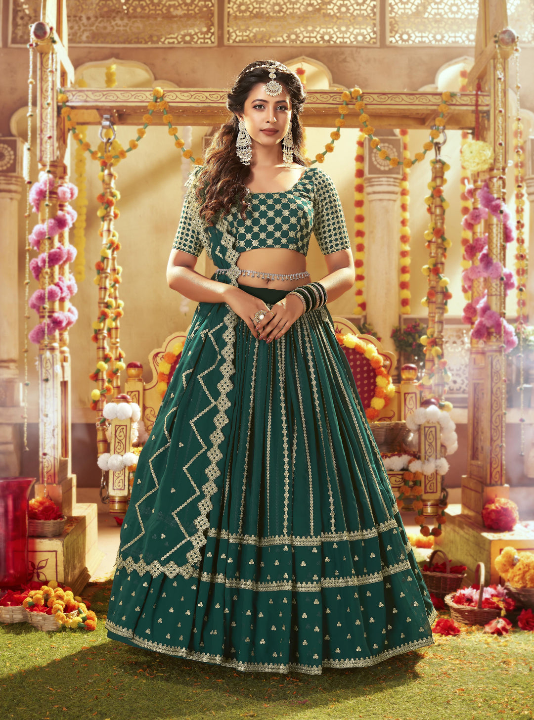 Dark Green Faux Georgette Lehenga Choli | Heavy Sequins Embroidery Work