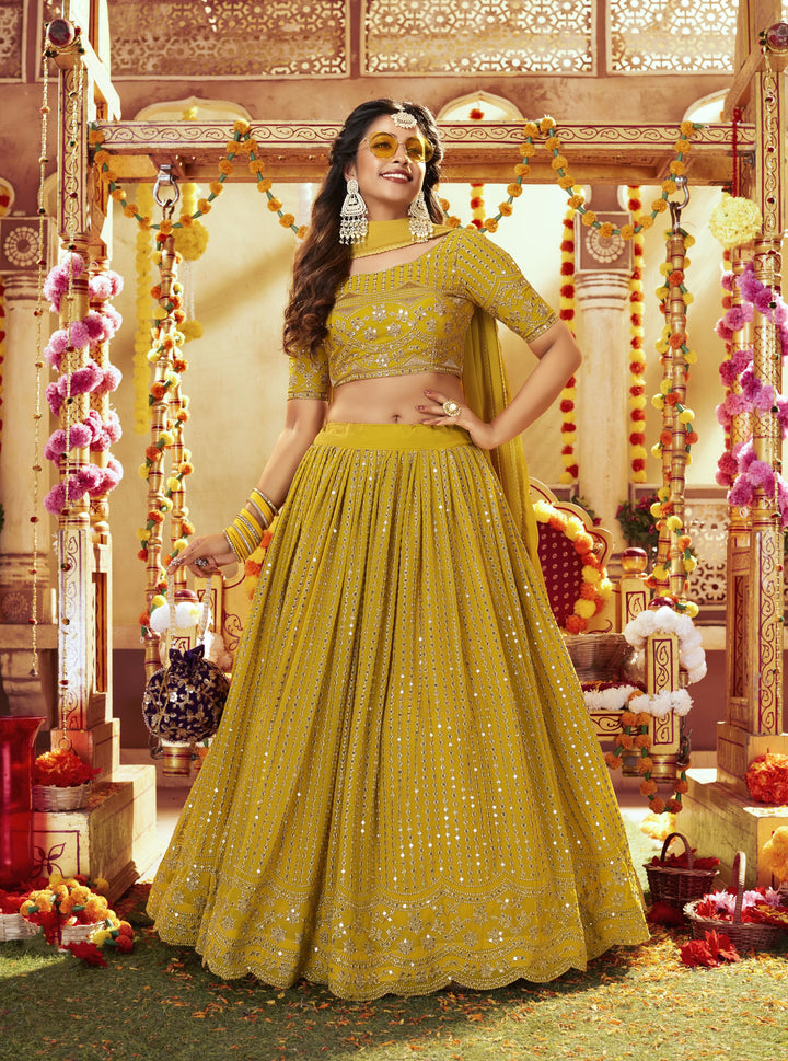 Designer Mustard Lehenga Choli | Faux Georgette with Sequins Embroidery