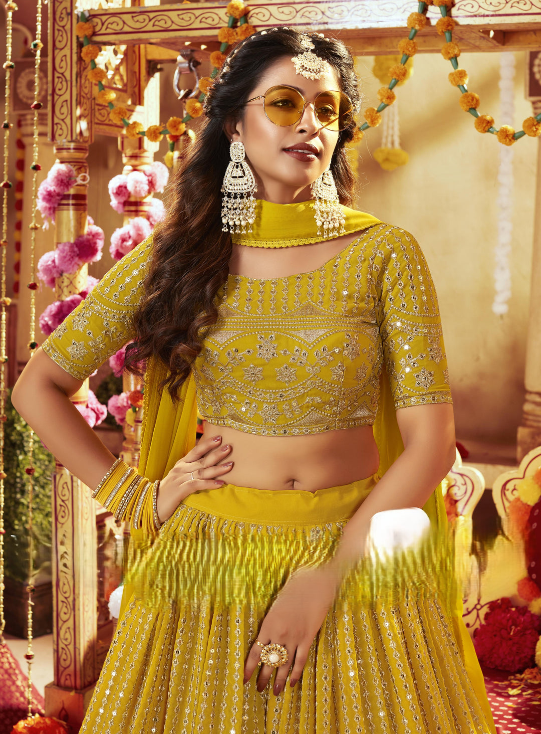 Designer Mustard Lehenga Choli | Faux Georgette with Sequins Embroidery