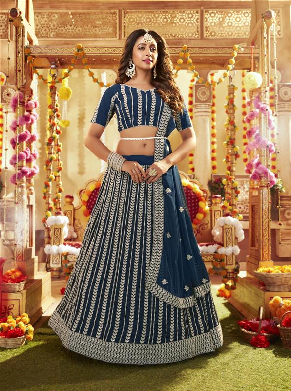 Teal Blue Faux Georgette Lehenga Choli | Heavy Sequins Embroidery Work