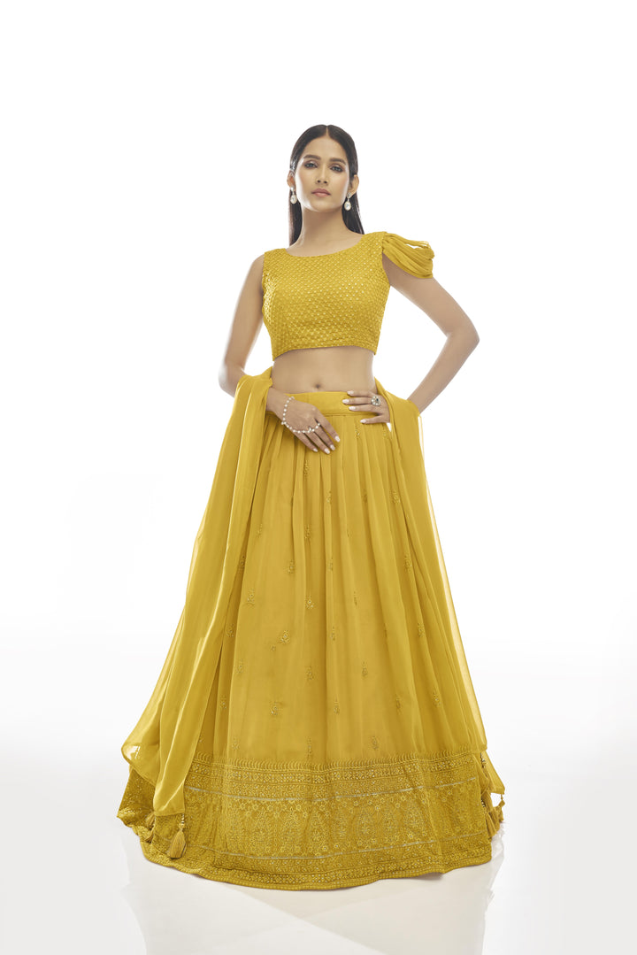 Mustard Georgette Lehenga Choli with Sequins Embroidery | Elegant Wedding Wear