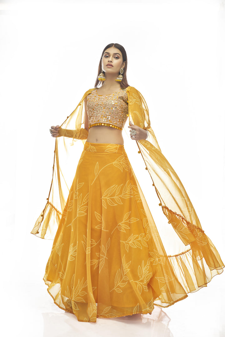 Mustard Organza Lehenga Choli Set | Dori & Gota Embroidery with Organza Dupatta