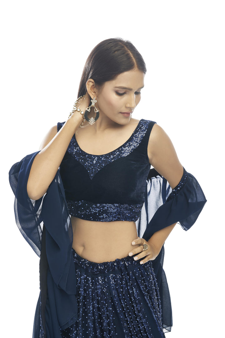 Navy Blue Velvet Lehenga Choli with Sequins & Pearl Work | Stunning Bridal Wear