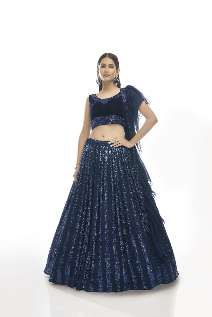 Navy Blue Velvet Lehenga Choli with Sequins & Pearl Work | Stunning Bridal Wear