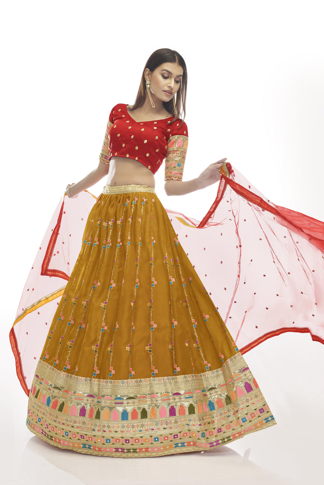 Red and Mustard Satin Georgette Lehenga Choli | Dori Thread & Sequins Embroidery