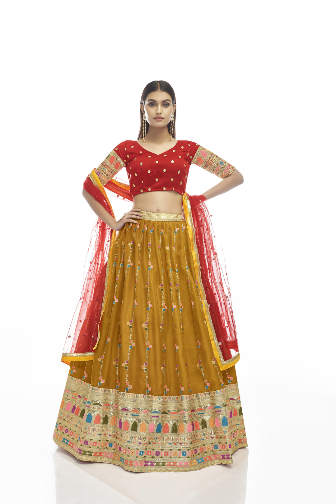 Red and Mustard Satin Georgette Lehenga Choli | Dori Thread & Sequins Embroidery