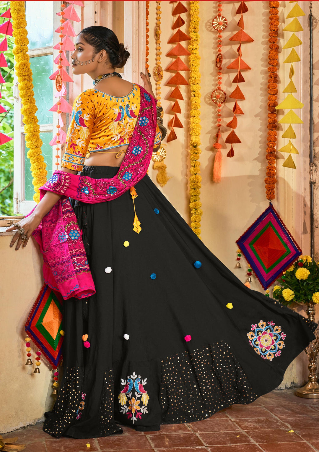 Yellow & Black Muslin Cotton Lehenga Choli | Thread & Mukaish Embroidery