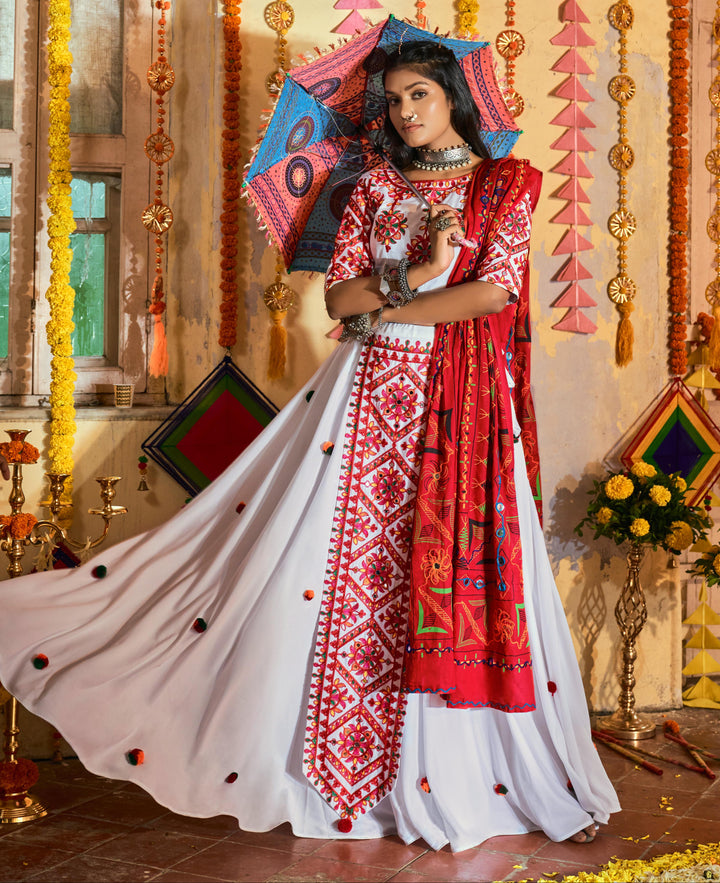 White Muslin Cotton Lehenga Choli | Thread & Mirror Embroidery Work Traditional Wear