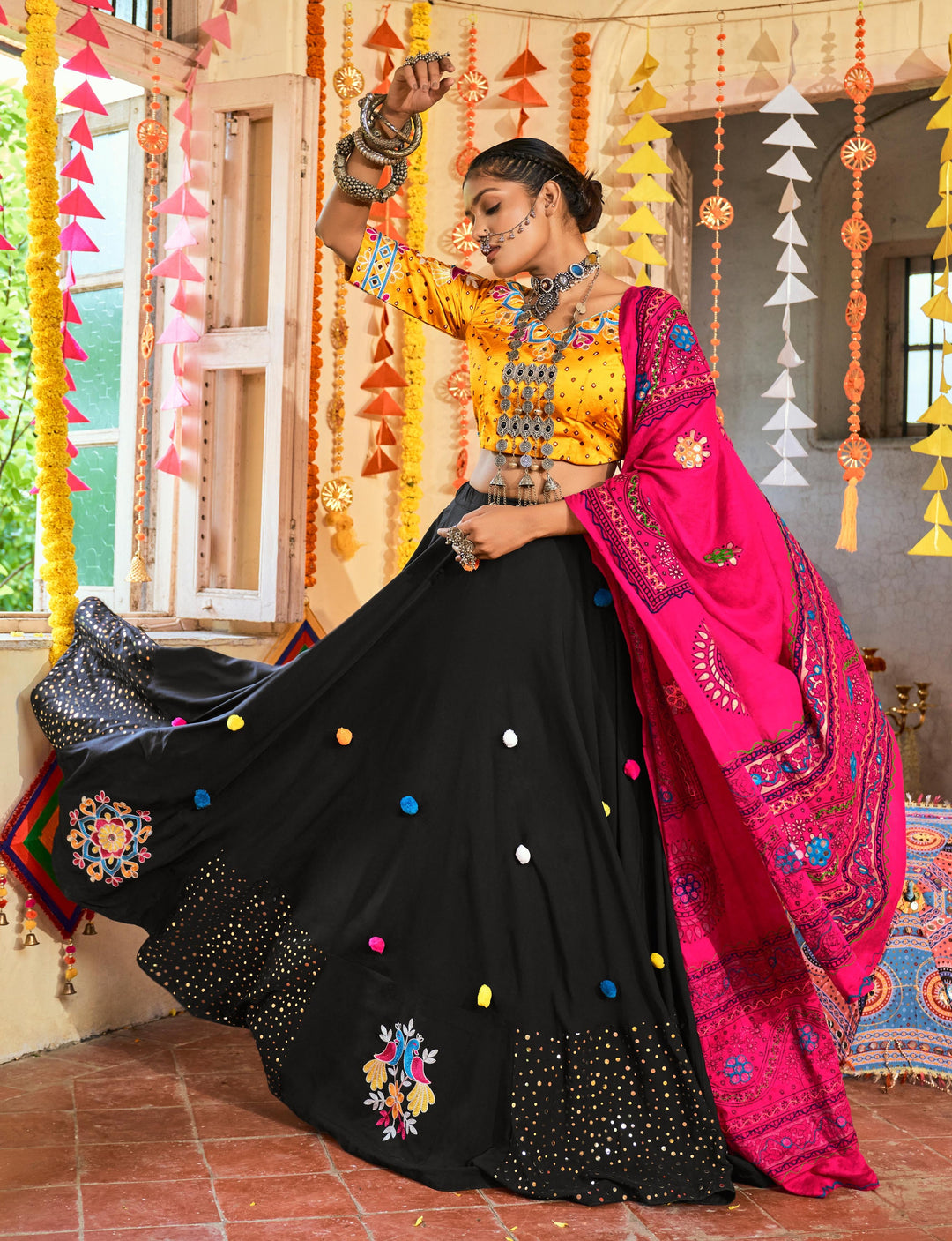 Yellow & Black Muslin Cotton Lehenga Choli | Thread & Mukaish Embroidery