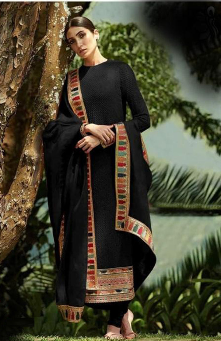 Designer Embroidered Suit | Faux Georgette Kameez with Dupatta and Santoon Bottom