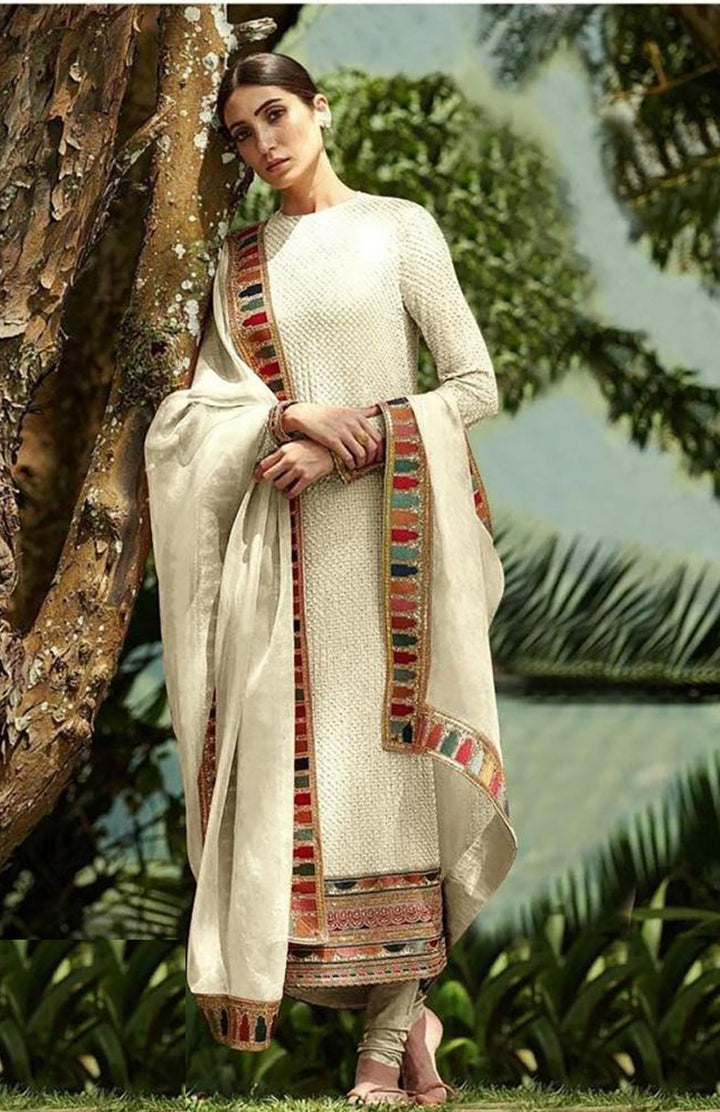 Designer Embroidered Suit | Faux Georgette Kameez with Dupatta and Santoon Bottom