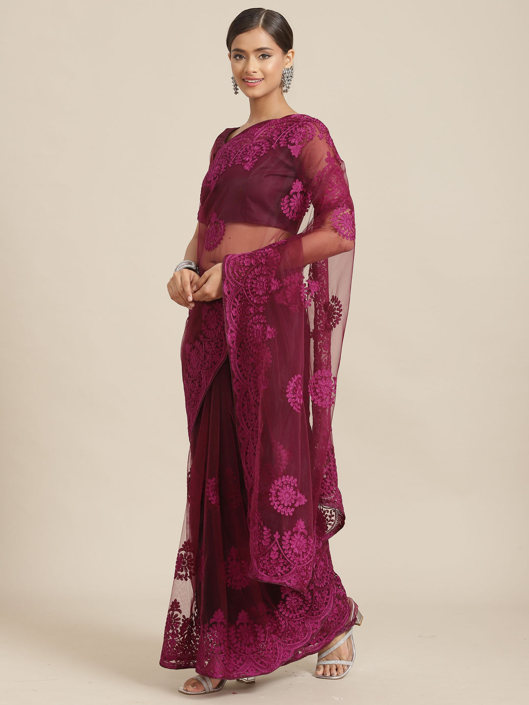 Designer Net Saree with Thread Embroidery | Traditional Wedding Party Wear