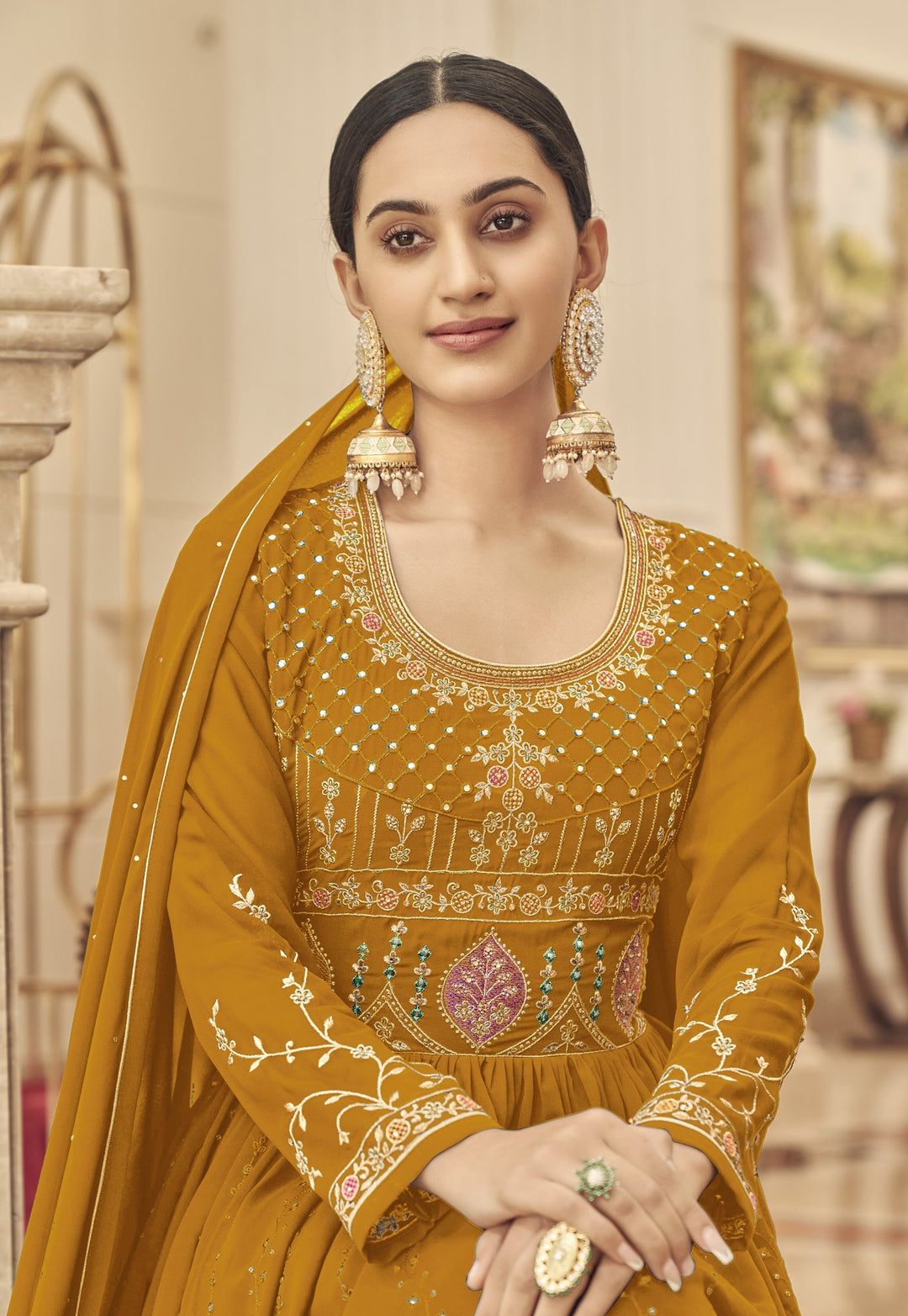 Faux Georgette Anarkali Suit | Jari Embroidery and Stone Work with Chiffon Dupatta