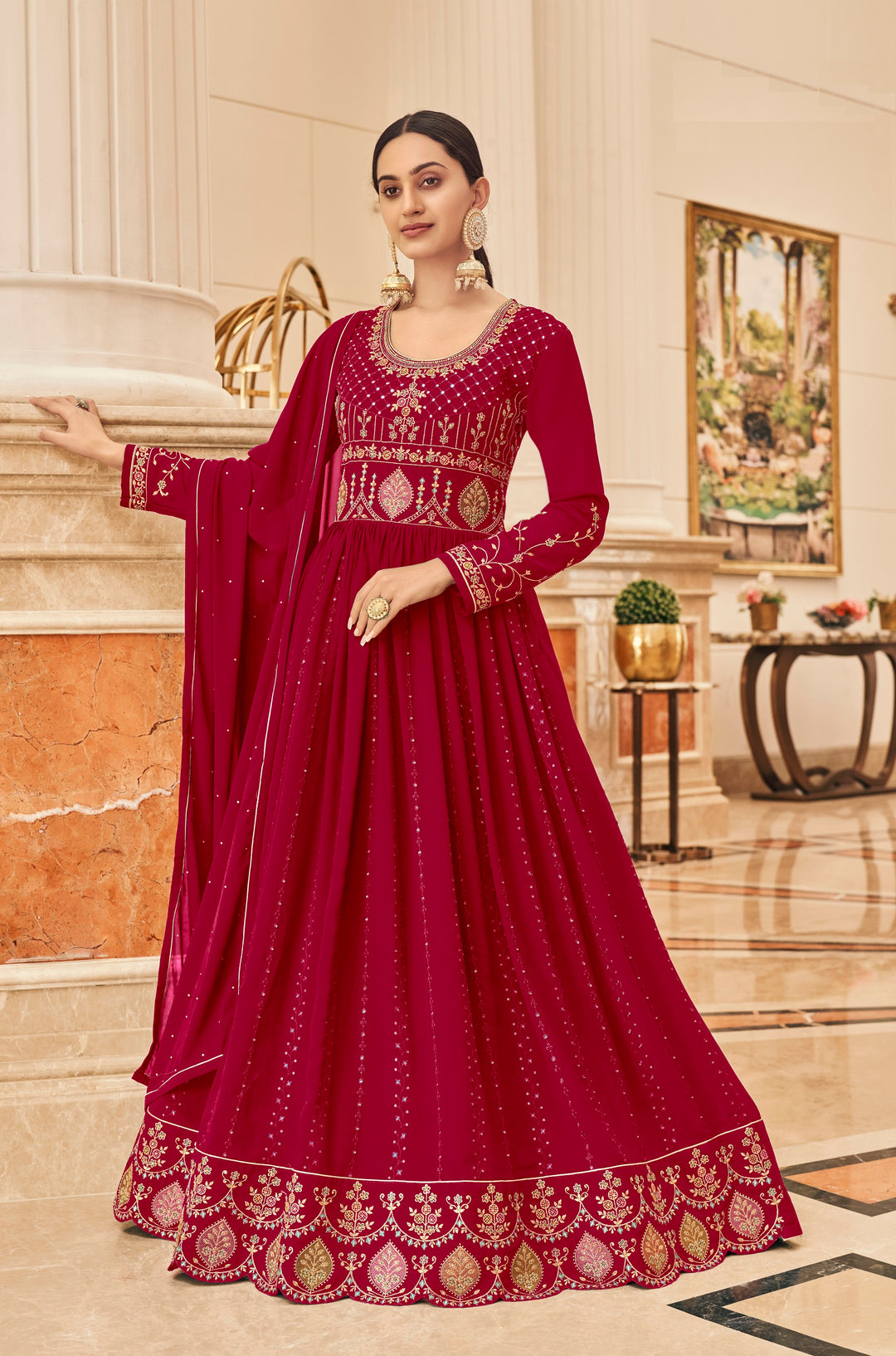 Faux Georgette Anarkali Suit | Jari Embroidery and Stone Work with Chiffon Dupatta