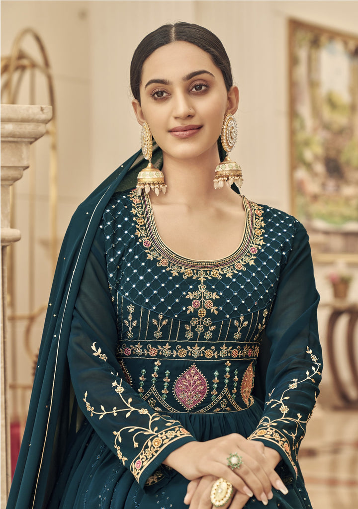 Faux Georgette Anarkali Suit | Jari Embroidery and Stone Work with Chiffon Dupatta