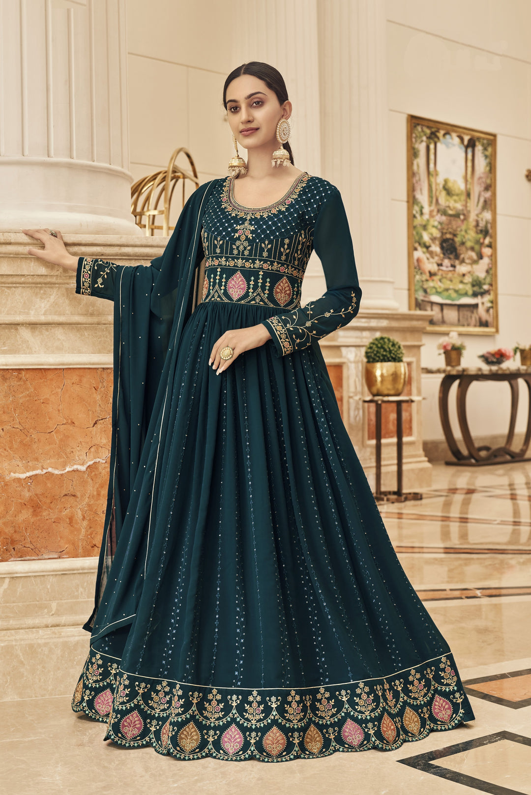 Faux Georgette Anarkali Suit | Jari Embroidery and Stone Work with Chiffon Dupatta