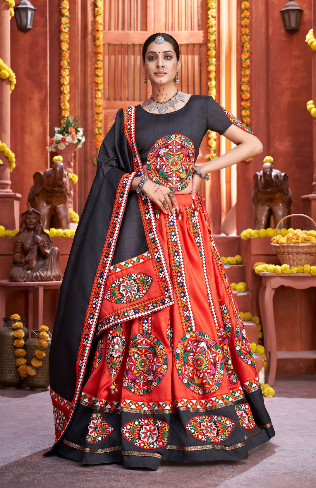 Traditional Art Silk Red Lehenga Choli | Mirror Work & Gamthi Embroidery Design For festive