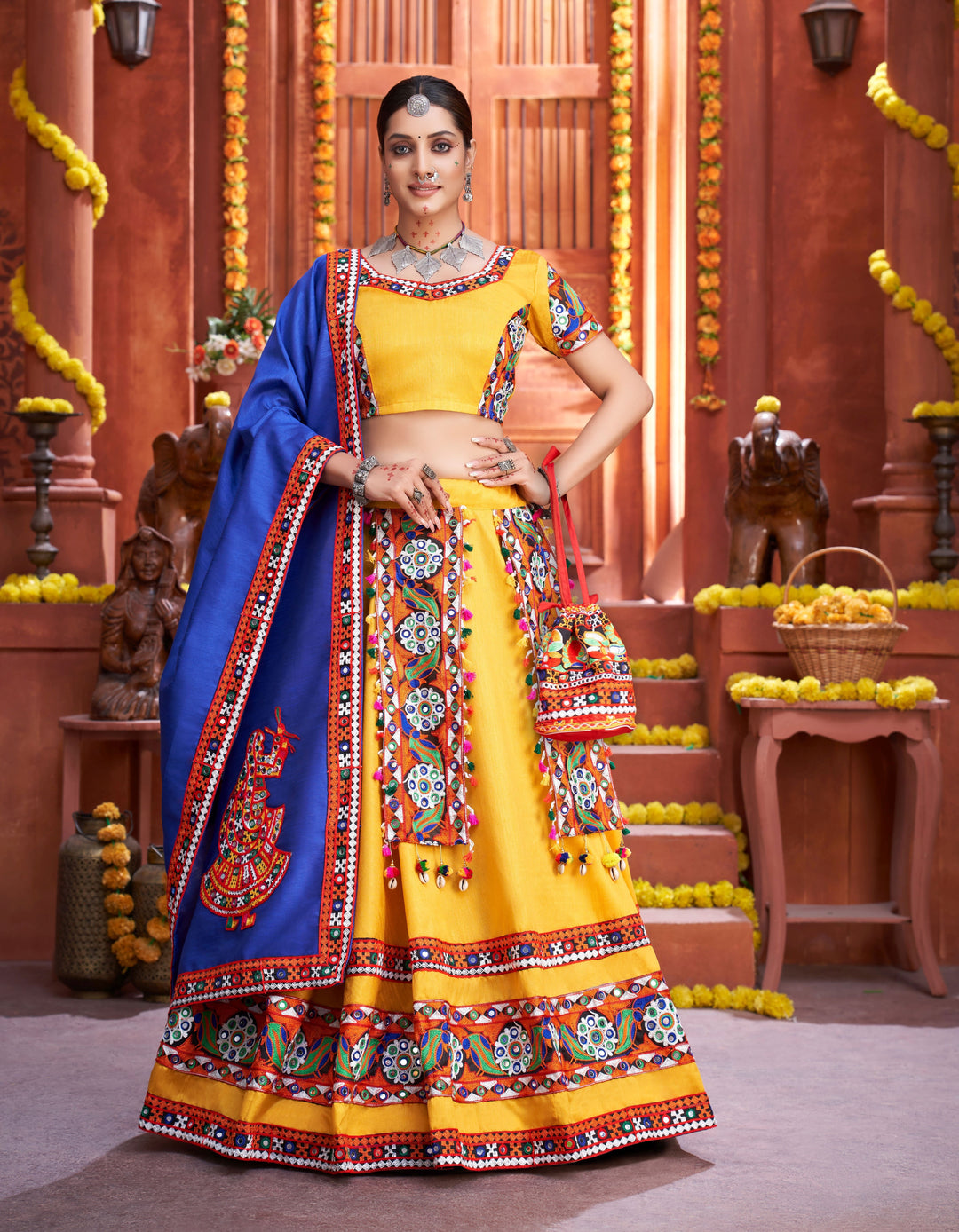 Yellow Art Silk Lehenga Set | Gamthi & Real Mirror Embroidery Work For traditional occasions