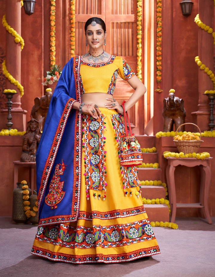 Yellow Art Silk Lehenga Set | Gamthi & Real Mirror Embroidery Work For traditional occasions