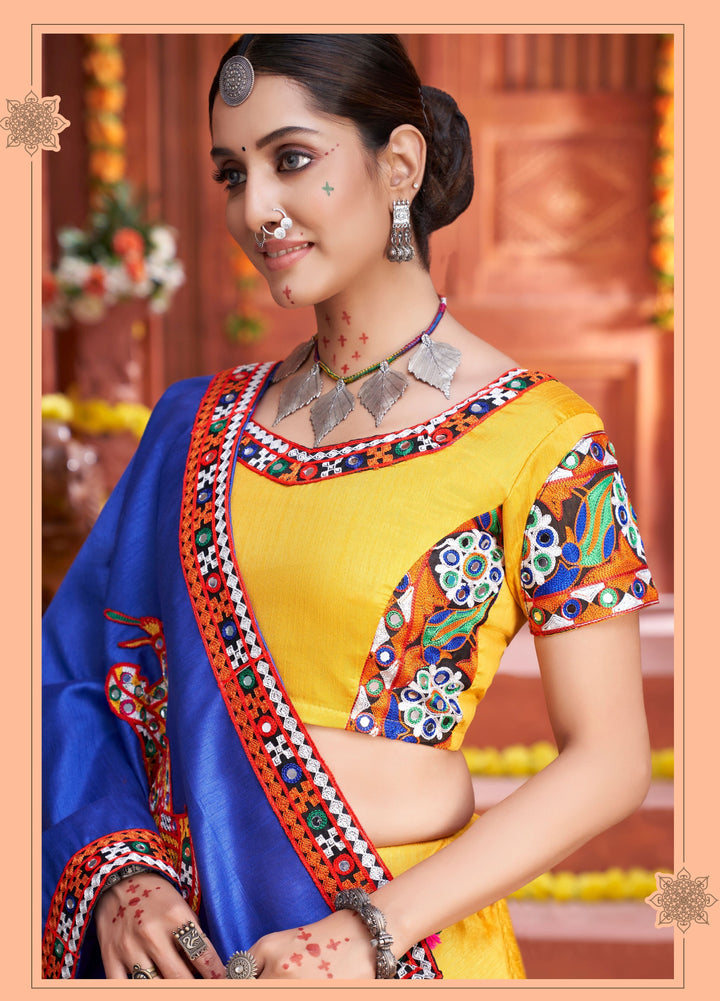 Yellow Art Silk Lehenga Set | Gamthi & Real Mirror Embroidery Work For traditional occasions