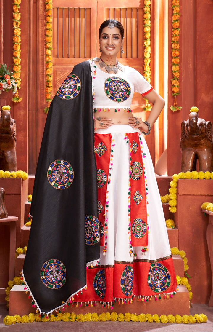 Traditional White Art Silk Lehenga Choli | Mirror Work & Gamthi Embroidery